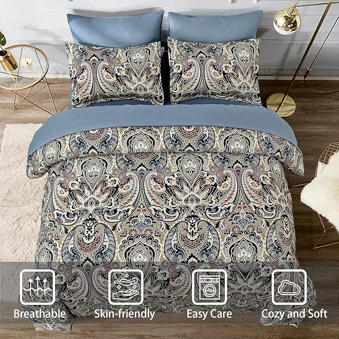 Drucon Boho Comforter Set King, 7 Pieces Bed in a Bag Paisley Comforter Bedding Set Soft Microfiber King Size (1 Blue Comforter, 1 Flat Sheet, 1 Fitted Sheet, 2 Pillow Shams, 2 Pillowcases)