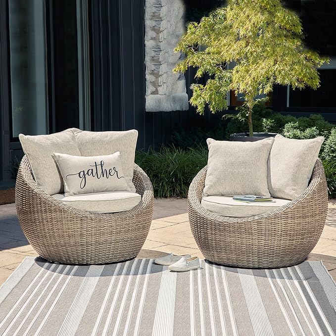 Signature Design by Ashley Danson Outdoor Lounge Chair with Cushion and 360-Degree Swivel, Set of 2, UV-Resistant Performance Fabric and Resin Wicker, Light Brown