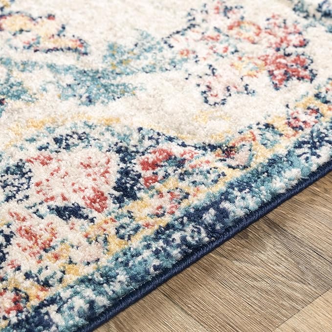 Livabliss Area Rugs - 5ft Round Odelia Vintage Boho Aqua Burgandy Blue Round Area Rug for Living Room Bedroom - Floral Medallion Stain Resistant Carpet for Kitchen, Nursery, Office (5'3" Round)