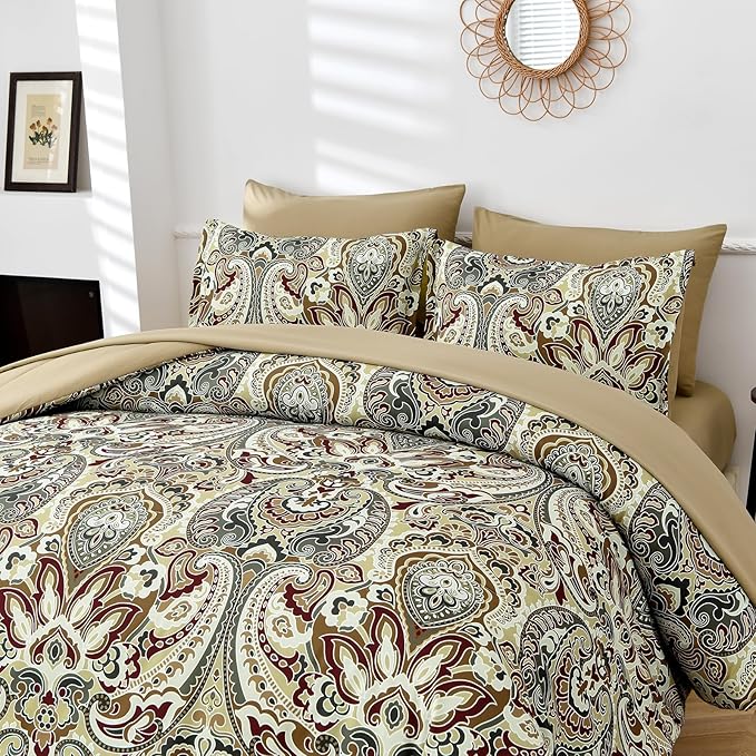 Boho Comforter Set King, 7 Pieces Bed in a Bag Comforter Boho Paisley Pattern Bedding Set Soft Microfiber King Size (1 Khaki Comforter, 1 Flat Sheet, 1 Fitted Sheet, 2 Pillow shams, 2 Pillowcases)