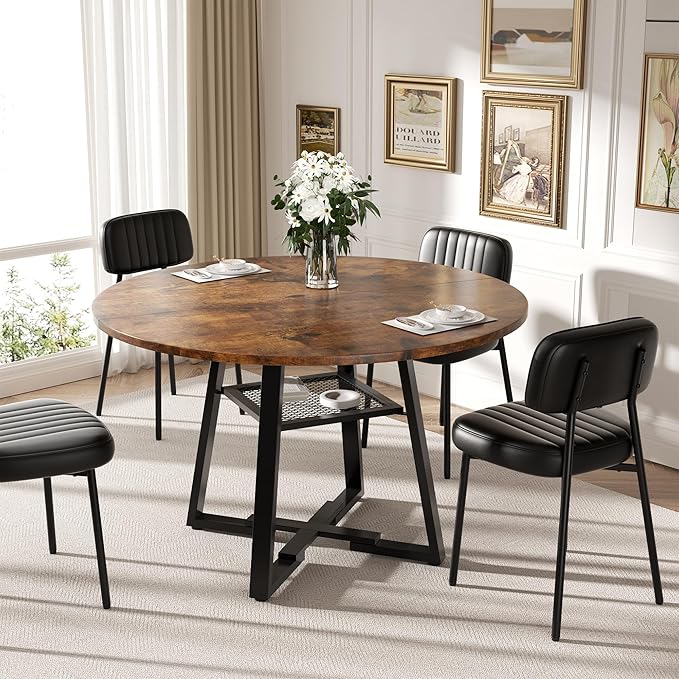 Round Dining Table for 4-6 People,47 Inch Dining Room Table,Modern Circle Kitchen Table with Storage Shelf and Metal Legs for Dining Room,Kitchen,Vintage(Table Only)