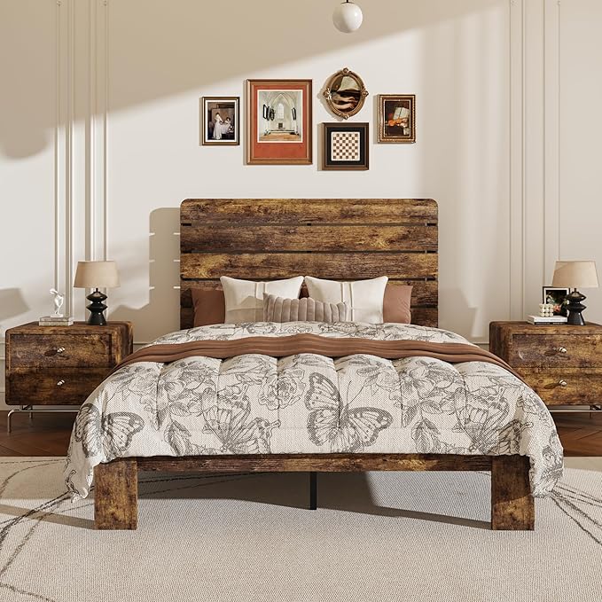 Queen Size Wooden Bed Frame with Headboard, Rustic Farmhouse Platform Bedframe with Wood Slat Support, Sturdy and No Noise, Easy Assembly (Brown, Queen)