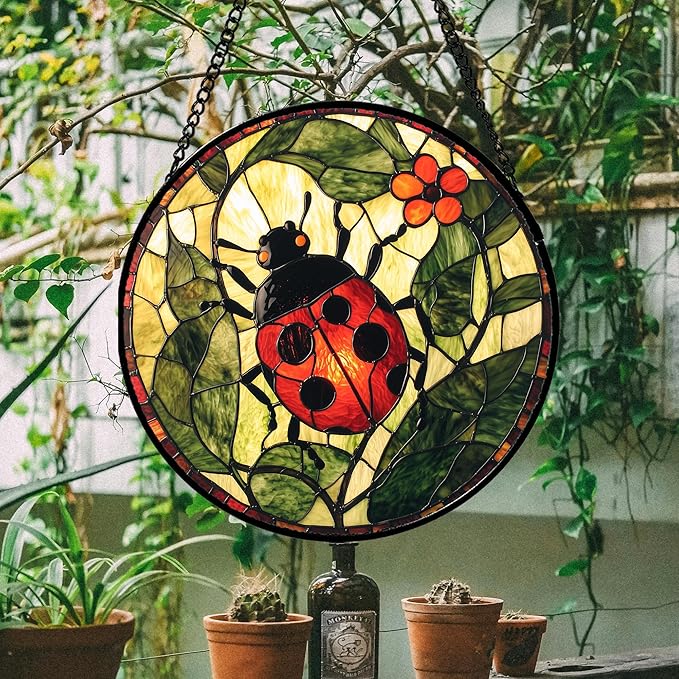 Stained Glass Window Hanging - Red Ladybug Green Plant Flower Sun Catcher for Door Home Decor Insect Suncatcher Christmas Mother's Day Birthday Gifts for Women Men Mom Nana 9.8 in