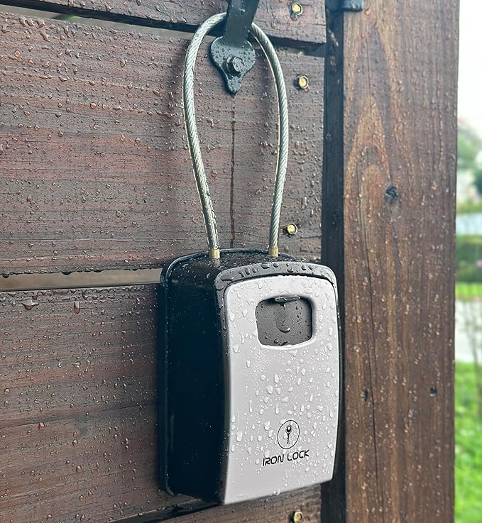 Iron Lock® Key Lock Box Portable with Cable Shackle & Wall Mount – Waterproof Heavy Duty Metal Lock Box for Keys with 4-Digit Combination Code on Door Knob, Fence, Pipe or Gate (Grey, XXL)