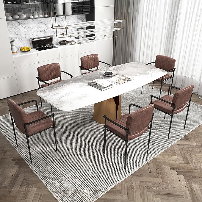 Mid-Century Modern PU Leather Dining Chairs Set of 6, Upholstered Kitchen Chairs with Arms and Metal Legs Adjustable Feet for Kitchen Dining Room(Brown)