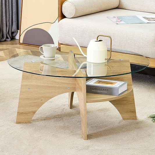 LKTART 31.5" Round Glass Coffee Table with Tempered Glass Top and MDF Base, Diagonal Fan-Shaped Tray Design Table Leg Simple & Modern Center Table for Living Room Office Apartment Wood