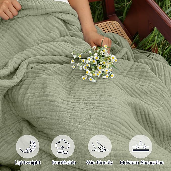 PHF Cooling Muslin Blanket Twin Size 60"x80", 6-Layer Lightweight Gauze Blanket Made from 35% Rayon Derived from Bamboo & 65% Cotton, Breathable & Ultra Soft Cozy, Aesthetic Home Decor, Tea