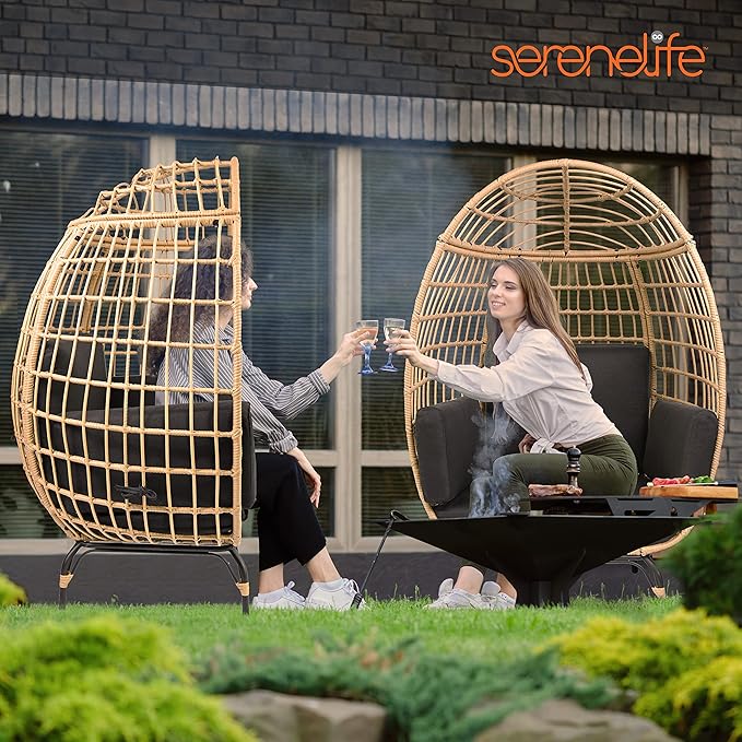 SereneLife Indoor/Outdoor Wicker Rattan Egg Chair with Cushions, Patio Hanging Egg Chair with Steel Frame, Washable Pillows, for Porch, Deck, Garden or Bedroom, 440 lbs. Capacity