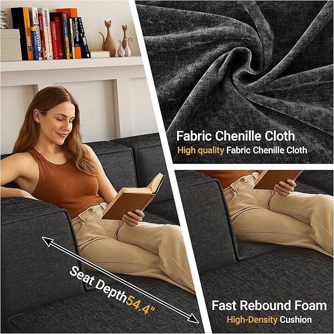 97"+57" 5-Piece Modular Sectional Sofa Convertible Cube Thick Couch 2 3 4 Seat Set, L-Shape, No Assembly for Living Room (3xArmless+1xCorner+1xOttoman) Fabric Chenille Grey
