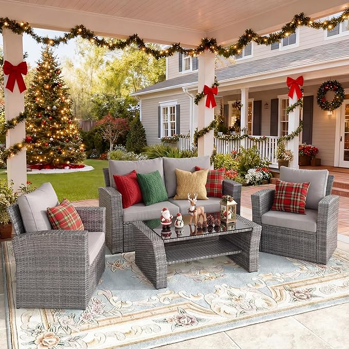 Wisteria Lane 4 Piece Patio Furniture Set, Wicker Outdoor Patio Conversation Furniture Set, All Weather Outdoor Patio Sofa with Cushion and Glass Table, Grey