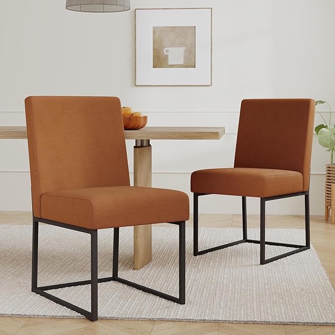 VKNOW Upholstered Dining Chairs Set of 6, Modern Dining Room Chairs, Linen Kitchen Chair Dinner Chair with Black Metal Base for Kitchen Office, Orange-Unstriped
