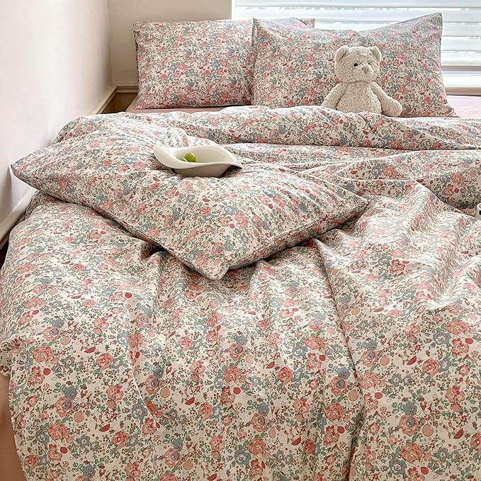 LIFETB Boho Floral Duvet Cover King Soft Cotton Aesthetic Bedding Sets French Style Pink Blue Flower Branches Chic Shabby Garden Comforter Botanical Size King(104/ inchsx90/ inchs)