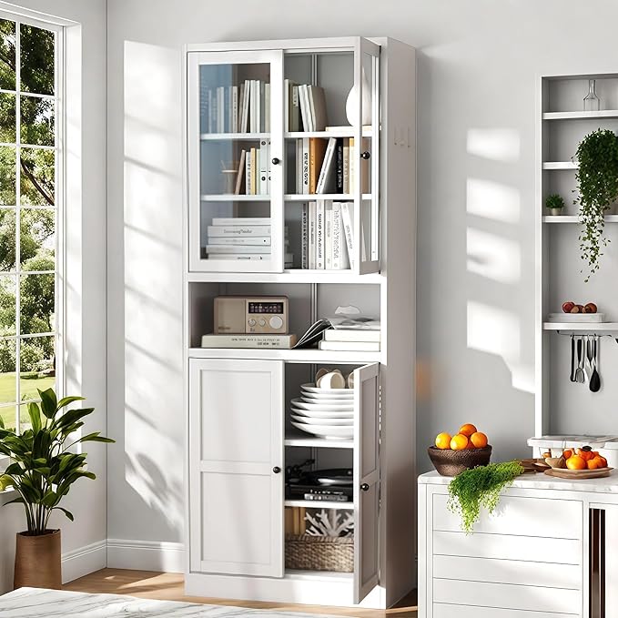 72'' Storage Cabinet, 4 Adjustable Shelves Kitchen Pantry with 2 Glass Doors, Tall White Metal Storage Cabinet with External Hooks, Modern Heavy-Duty Pantry for Kitchen Living Room