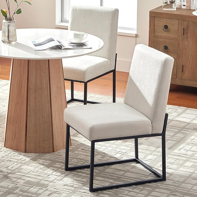 VKNOW Upholstered Dining Chairs Set of 2, Modern Dining Room Chairs, Linen Kitchen Chair Dinner Chair with Black Metal Base for Kitchen Office, Beige-Unstriped