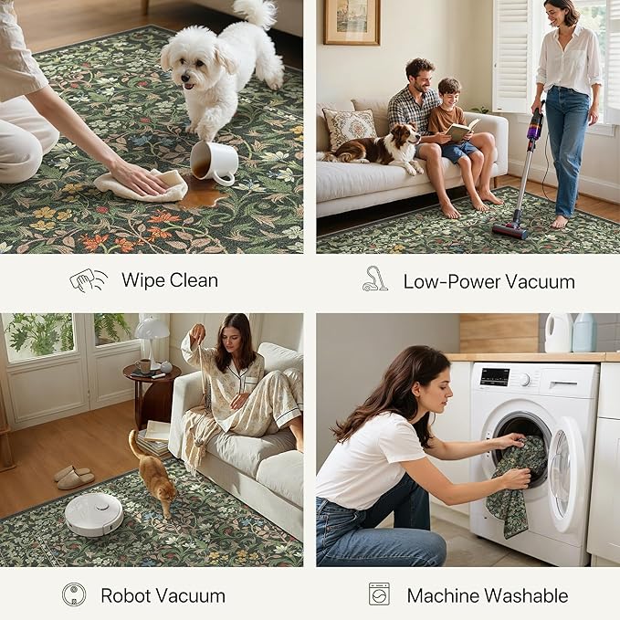 GENIMO Floral Washable Runner Rug 2’6”x8’, Non-Slip Long Hallway Carpet for Entryway, Kitchen, Indoor Floor Use, Vintage Boho Soft Thin Rug Décor, Emerald Green