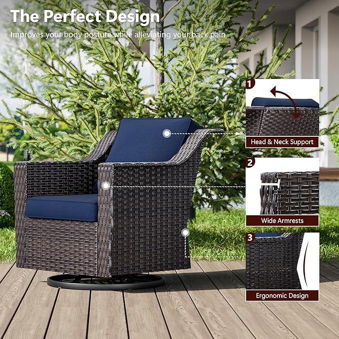 4 Pieces Wicker Patio Furniture, Luxury Outdoor Furniture with 2 Patio Swivel Chai and 2 Patio Ottoman, Wide Armrest, Thickened Cushions, Ideal for Deck, Porch Use
