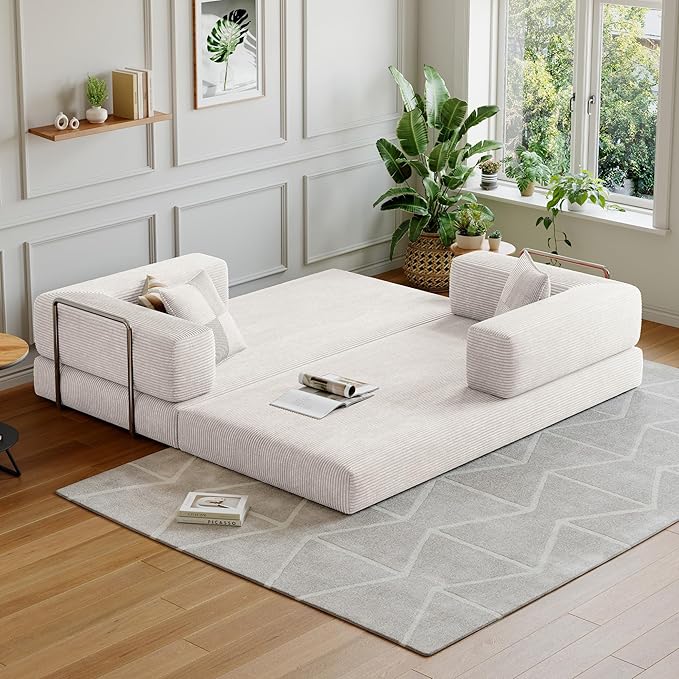 78.8''Convertible Sleeper Sofa Bed,Compressed Floor Boneless Couch,Modular Modern Corduroy Sofa for Living Room Bedroom -with Fixed-Shape Frame and Support Armrest,Easy Assembly(White