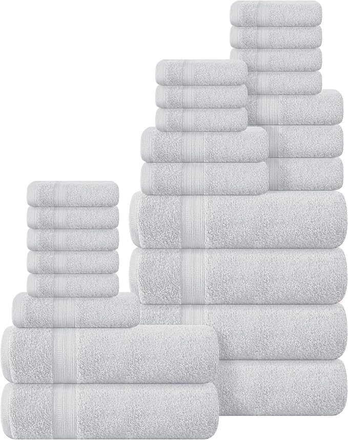 BOUTIQUO 24 Pack Cotton Towel Set, Contains 6 Bath Towels 27x54 inch, 6 Hand Towels 16x24 inch & 12 Wash Coths 12x12 inch, Ideal Everyday use, Ultra Soft Compact & Lightweight - Light Grey