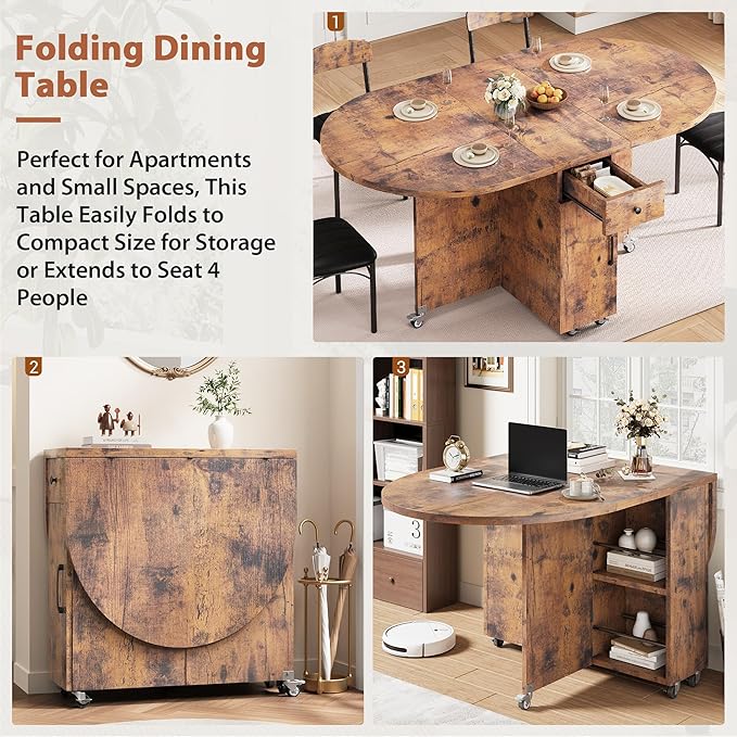 Folding Dining Table for 4 Kitchen Dining Room DinnerTable with Storage Drawer Space Saving Oval Foldable Drop Leaf Gateleg Furniture for Small Space (Vintage, 51 * 31.5 * 30)