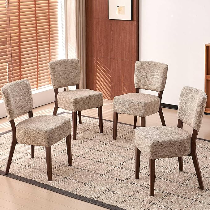 Howtek Modern Dining Chairs Set of 4 with 6.3" Thick Seat Cushions, Space-Saving Stackable Upholstered Kitchen Chairs, Ergonomic Backrest & Wood Grain Metal Legs, Brown