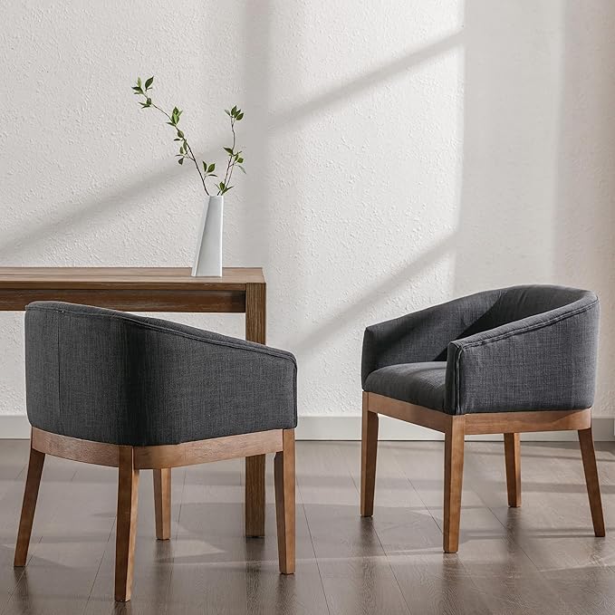 Mid-Century Modern Charcoal Dining Chairs Set of 4, Linen Upholstered Kitchen Dining Room Chairs with Wood Legs, Curved Backrest Armchairs, Charcoal