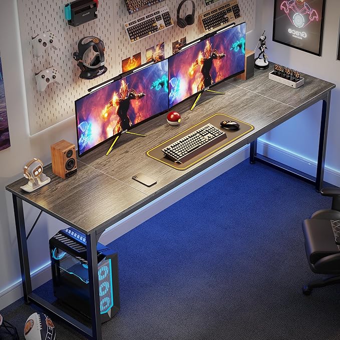 Huuger Computer Desk, 80 Inch Office Desk, Gaming Desk with Storage, Writing Desk Work Desk for Home Office, Study, Long Simple Desk, Large Legroom, Metal Frame, Grey
