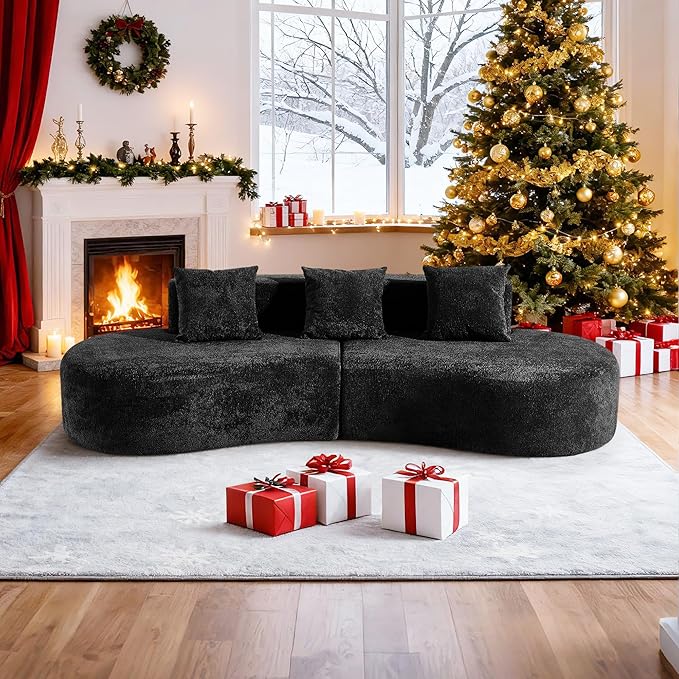 109'' Curved Couch, Mid Century Modern Half Moon Sofa, Luxury 3-Seat Couch with High-Density Foam Filled, Raindrop Velvet Fabric Sectional Sofa for Living Room, Apartment, Office, Black