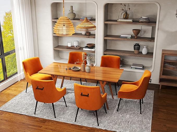 Velvet Dining Chairs Set of 6,Orange Upholstered Living Room Chairs with Black Metal Legs, Modern Tufted Accent Chairs for Living Room, Study Room, Kitchen