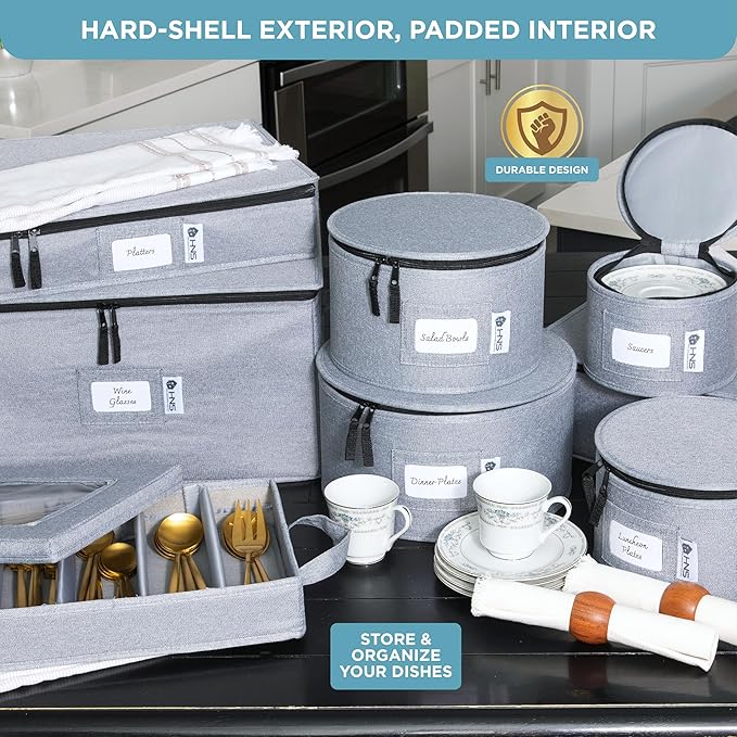 Hard Shell China Storage Containers 8-Piece Set Moving Boxes for Dinnerware, Glasses, Plates, Mugs and Saucers Sturdy Dish Organizer with Dividers for Seasonal Storage - Service for 12 - Gray