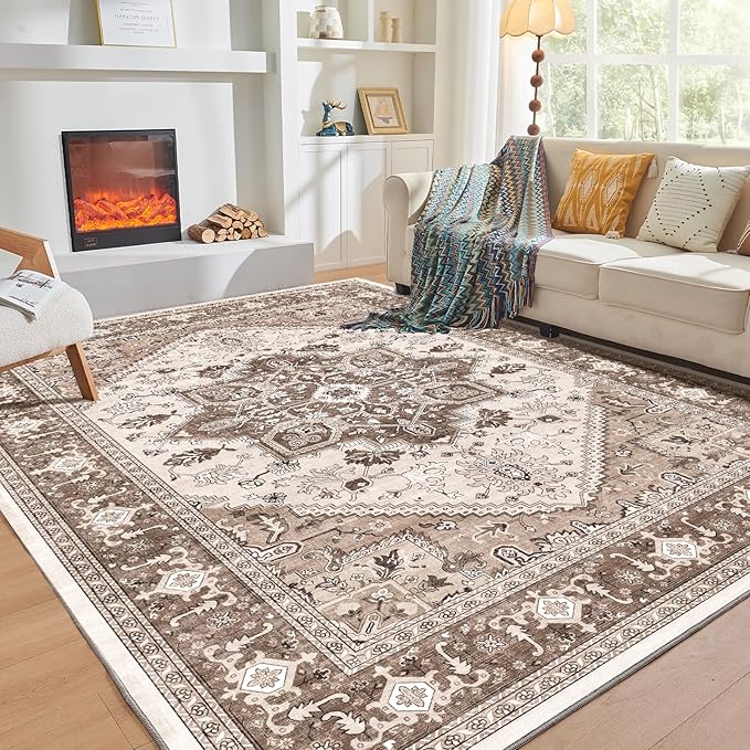 OPPODREAM Thin Area Rugs 4x6, Low-Pile Washable Rugs 4x6 with Non Slip Backing, Faux Cashmere 4 x 6 Throw Carpet, Khaki