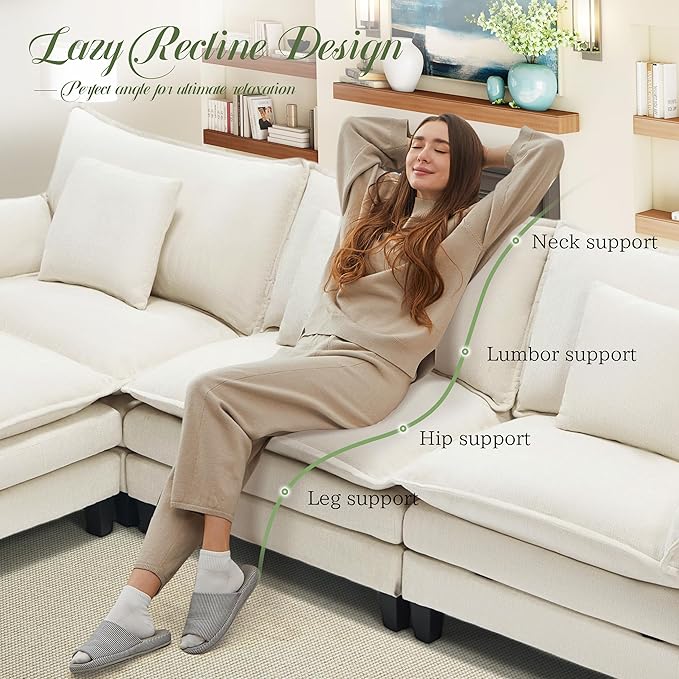 Comfy Cloud Couch with Movable Ottoman, Modular Sectional Sofa, 106" L Shaped Modern Sofa with Pillows, Deep Seat Couches for Living Room, Bedroom and Apartment, Beige