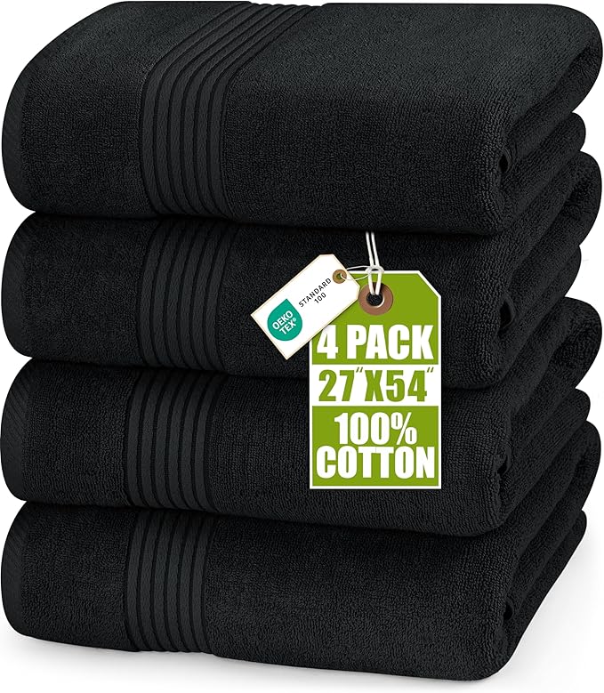 Utopia Towels Luxurious Bath Towels Set, 4 Pack, 27 x 54 Inches – 100% Ring Spun Cotton, Thick, Plush, and Fast-Drying, Designed for Premium Hotels, Spas, and Homes, Black