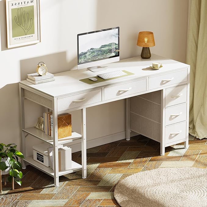 Huuger Computer Desk with 6 Drawers, Office Desk with Shelves, Reversible Gaming Desk, Corner Desk with Storage, Work for Home Office, Study, Living Room, 47inch, White