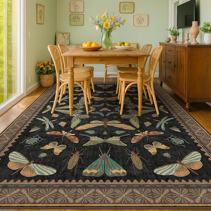 Black Washable Insect Area Rugs 8x10 for Living Room, Bedroom, Dining Room Under Table, Playroom, Large Dark Whimscal Boho Indoor Rug, Ultra Soft Low Pile Non Slip