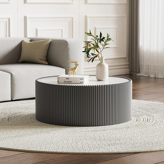 Grey Round Coffee Table with Sintered Stone Tabletop, 29.52" Drum Coffee Table with Fluted PU Leather Covered and Stable Base, Circle Cocktail Tea Table for Living Room