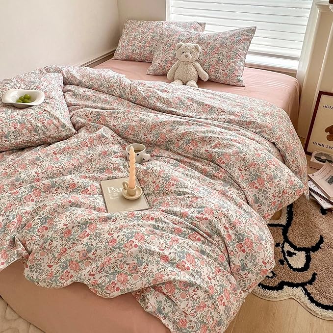 EAVD Botanical Floral Comforter Set King Soft Microfiber Chic Shabby Pink Floral Bedding Comforter Set with 2 Pillowcases French Style Botanical Comforter Set for All-Season