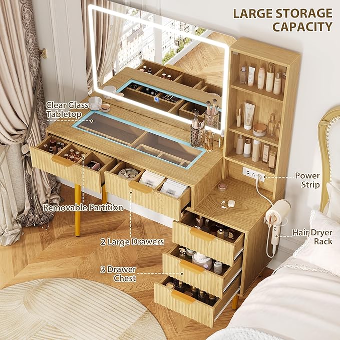 Makeup Vanity Desk with Mirror and Lights, 48" Fluted Makeup Table with Glass Top, Vanity Desk with 5 Drawers, Open Shelf & Power Outlet, Modern Dressing Table for Bedroom Living Room