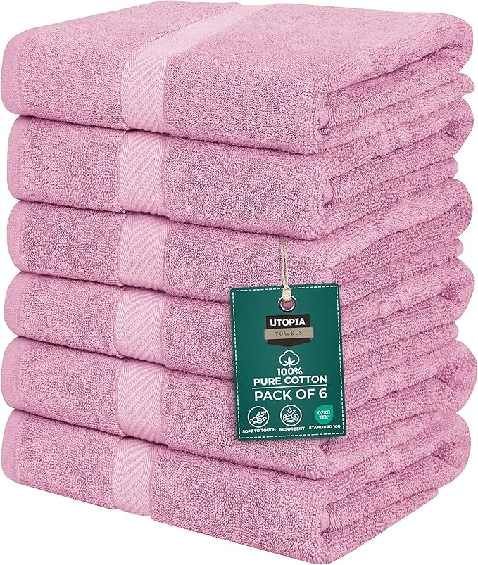 Utopia Towels 6 Pack Medium Bath Towel Set, 22 by 44 Inches, 500 GSM 100% Ring Spun Cotton, Lightweight and Highly Absorbent Quick Drying Premium Towels for Hotel, Spa and Bathroom, Pink