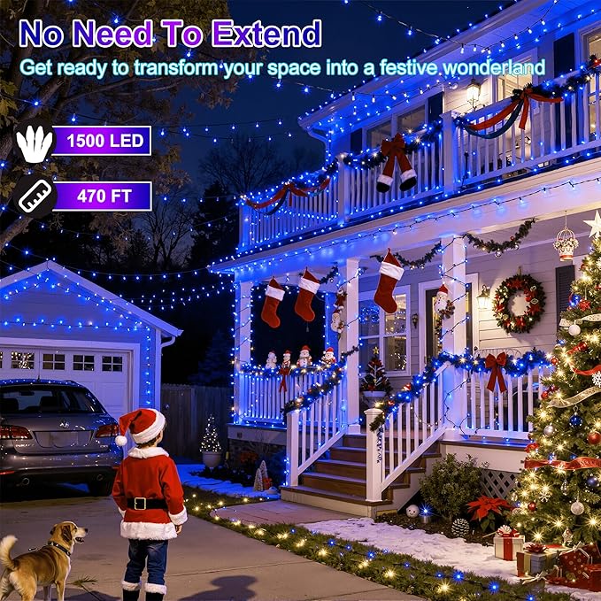 1500LED Christmas Lights Outdoor Use, 470ft 12 Modes Blue LED String Lights with Timer Dimmable, Waterproof Christmas Tree Lights for Xmas Patio Yard Fence Balcony Garden Party Decor Blue
