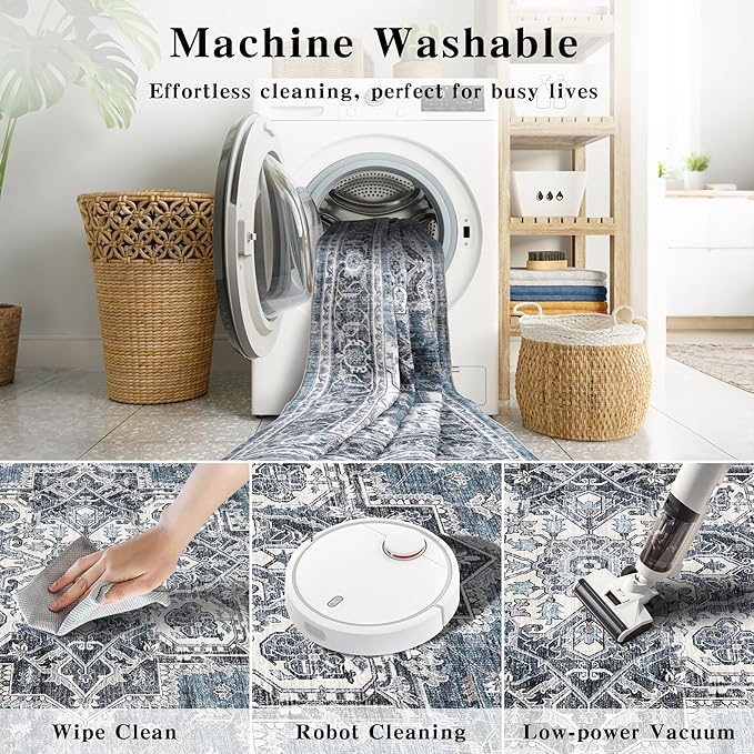 6x9 Area Rugs for Living Room Ultra-Soft Washable Rug Vintage Distressed Boho Area Rug, Non-Slip Retro Print Low Pile Stain Resistant Carpet for Bedroom Dining Room Kitchen Office