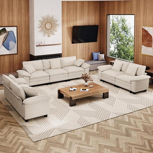 Cloud Couch Sectional Sofa Set, Plush 24.4-Inch Deep 7-Seat Sectional with Velvety Corduroy & Removable Arms for Living Room and Apartment, Beige