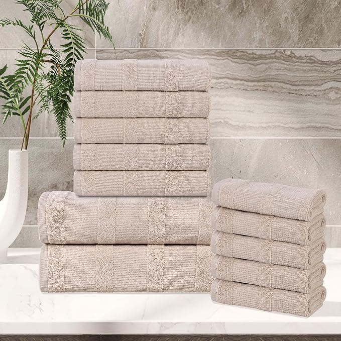 Superior Roma Cotton 12 Piece Assorted Towel Set, Highly Absorbent, Ribbed, Quick-Dry, Shower, Spa Basics, Home Essentials, Solid, Includes; 2 Bath Towels, 5 Hand Towels, 5 Face Towels, Stone