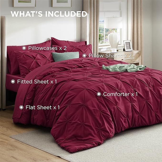 Bedsure Full Comforter Set Dark Red - Bed in a Bag Full Size Bedding Set 7 Pieces, GentleSoft™ Pintuck Bed Set Gift for Family, Pinch Pleat All Season Comforter with Sheets, Pillowcases & Shams