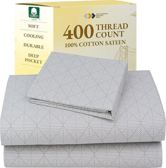 California Design Den Deep Pocket Twin Sheets Set - 400 Thread Count Sateen, Natural 100% Cotton Bed Sheets, Deep Pocket Cooling and Durable Bedding Set - Taupish-Sage Crosshatch