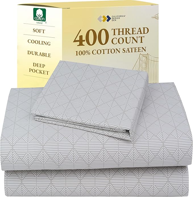 California Design Den Printed Twin XL Sheet Sets - 400 Thread Count, Natural 100% Cotton Sateen, Deep Pocket Extra Long Twin Sheets Set, Cooling and Durable Bedding Set - Taupish-Sage Crosshatch