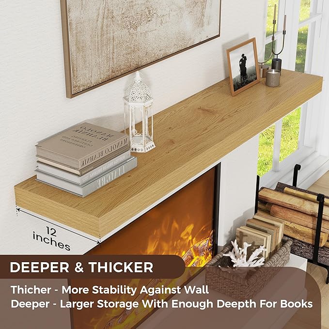 Floating Shelves for Wall, 72 Inch Wide x 12 Inch Deep Floating Shelves, Long Wood Floating Wall Shelf Shelves for Living Room Bathroom Bedroom Kitchen Home - (Oak, 72" W x 12" D x 2" H)
