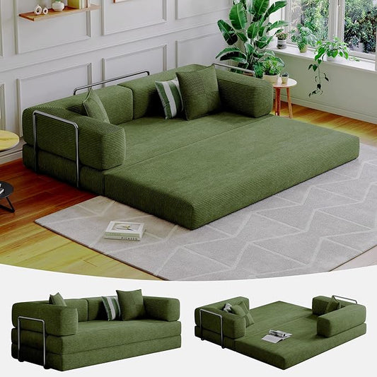 Compressed Sleeper sofa bed,Convertible Floor Boneless Couch-With Comfy Pillow,Modular Modern Corduroy Sofa for living room Bedroom Lounge Studio-With Fixed-shape Frame and support Armrest(Green)
