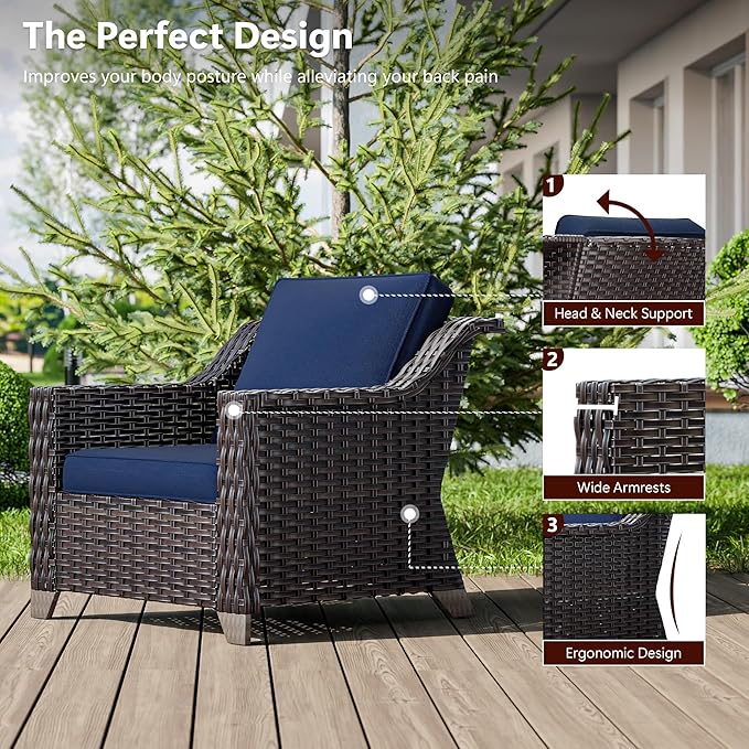 Wicker Patio Chairs Set of 2, Luxury Rattan Patio Furniture with Wide Armrest, Thickened Cushions, Outdoor Chairs for Deck, Porch Use