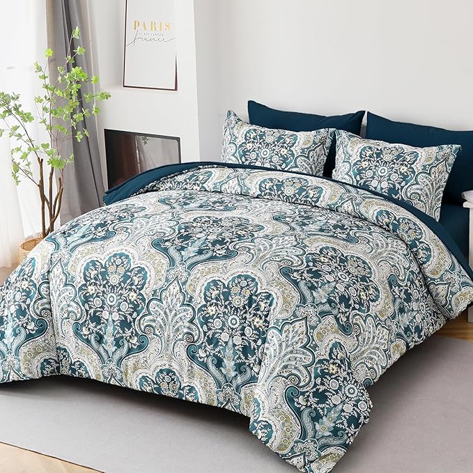Drucon Boho Comforter Set Queen Size, 7 Pieces Bed in a Bag Paisley Comforter, Soft Lightweight Microfiber Bedding Set (1 Comforter, 1 Flat Sheet, 1 Fitted Sheet, 2 Pillow Shams, 2 Pillowcases)