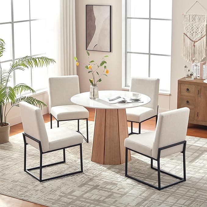 VKNOW Upholstered Dining Chairs Set of 4, Modern Dining Room Chairs, Linen Kitchen Chair Dinner Chair with Black Metal Base for Kitchen Office, Beige-Unstriped